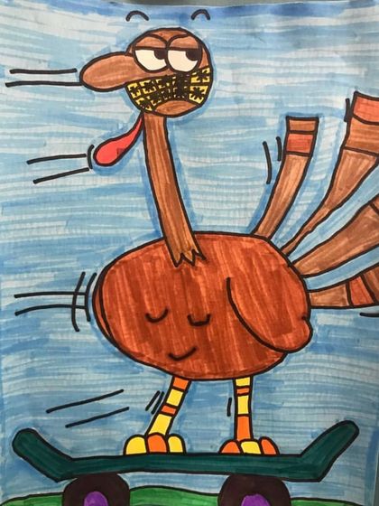 This skateboarding turkey has a different expression and color scheme, showing the variety that comes from a single lesson prompt.