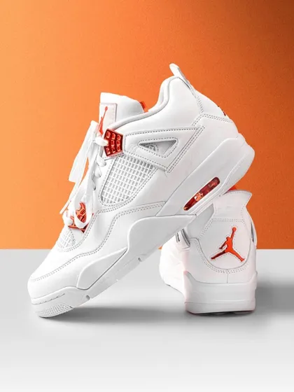 Clean, crisp, and bold. This shot uses a strong color background to make these classic white sneakers pop. The minimalist setup ensures all the focus is on the product's iconic design and details.
