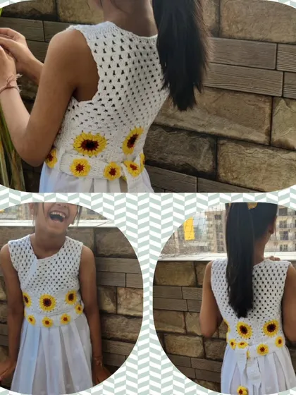 A collage showing my daughter's joy while wearing her custom sunflower frock. The design features a crochet bodice with sunflowers that cascade down onto the white skirt, tied together with a matching belt.