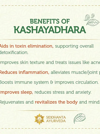 Kashayadhara, a therapy involving a continuous stream of warm herbal decoction, is excellent for skin health. It aids in toxin elimination, improves skin texture, and helps treat conditions like acne.