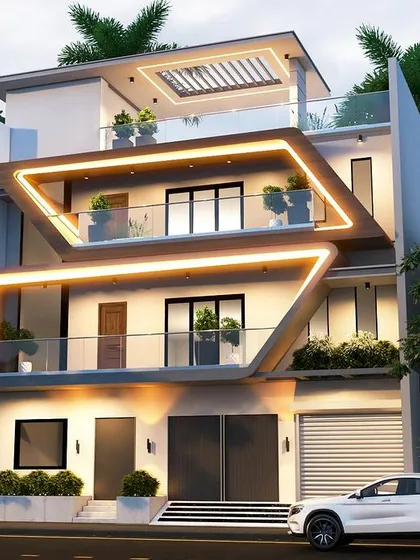 A glimpse of an upcoming residence in Ghaziabad, featuring a bold and modern facade design. The illuminated geometric element wrapping around the balconies creates a unique and futuristic look, making the home stand out.
