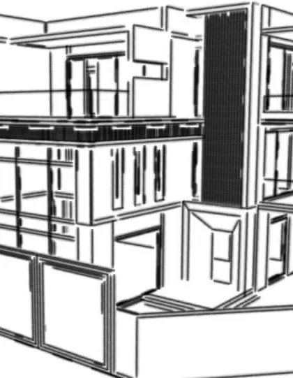 The next step is refining the sketch into a clean line drawing. This digital wireframe provides a more detailed structural outline of the luxury home before colors and materials are applied.