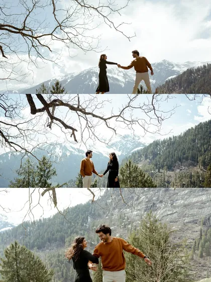 A series of shots capturing a couple's mountain romance in Manali. The collage shows them holding hands and dancing against the backdrop of snow-capped peaks and pine forests.