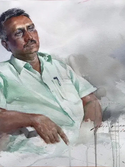 The finished watercolour portrait from my demonstration at the art college in Latur. I had the honor of painting my senior and friend, Sanjay Kochre sir.