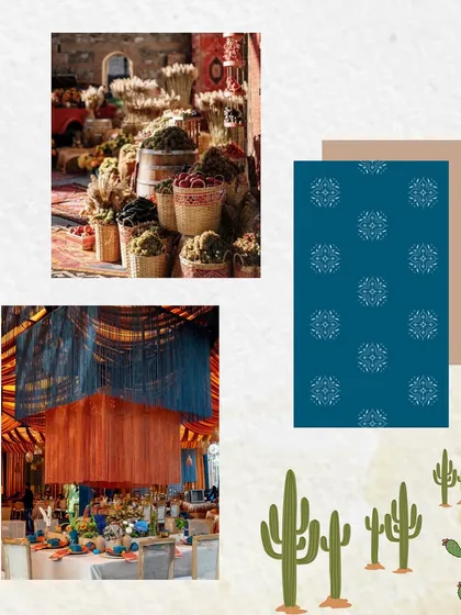 Visualizing the textures of 'Moroccan Nightfall', from the patterned textiles and hanging thread installations to the rustic charm of a Moroccan market.
