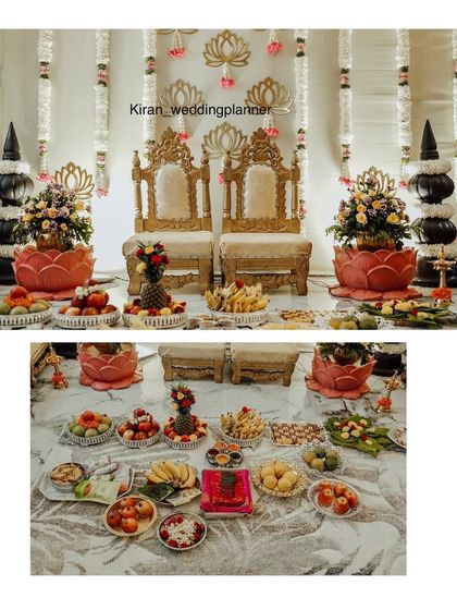 A full view of the traditional ceremony setup. The ornate chairs for the parents-to-be are placed before a backdrop with lotus cutouts, and the floor is arrayed with fruits and traditional offerings.