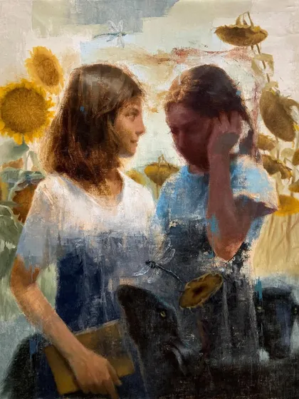 Titled "Choice of Living," this oil on linen canvas depicts a conversation between two girls. It explores the idea of separate worlds and the need to bridge the gap between marginalized children and mainstream opportunities.