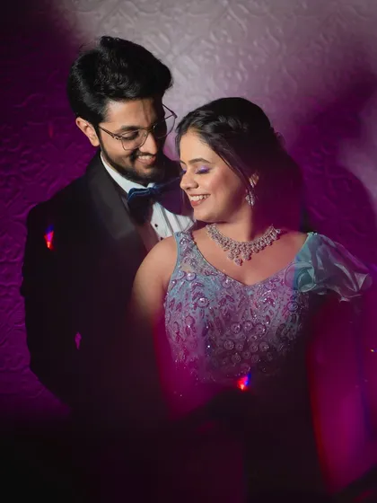 Using creative lighting effects, this portrait of Shraddha and Vivek has a dreamy, artistic feel. I like to experiment with light to create unique and memorable engagement photos.