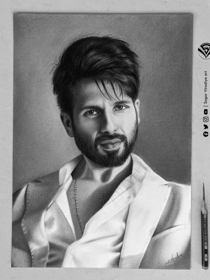 Another view of the finished Shahid Kapoor sketch. This piece demonstrates how to use light and shadow to create a three-dimensional effect, making the portrait pop off the page.