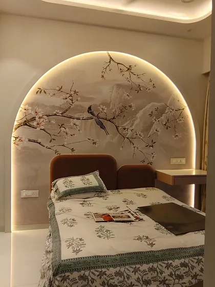 I love working on unique projects like this one in Nahur. I installed a delicate chinoiserie style wallpaper inside a custom-built arched niche, and the result is a beautifully framed piece of art, enhanced by the client's cove lighting.