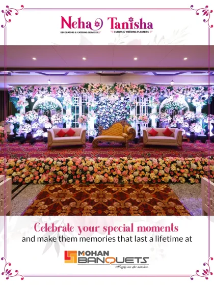 This magnificent stage at Mohan Banquets is a testament to our love for grand floral arrangements. We combined a rich floral carpet with an elaborate stage backdrop to create a truly regal setting for a wedding reception.