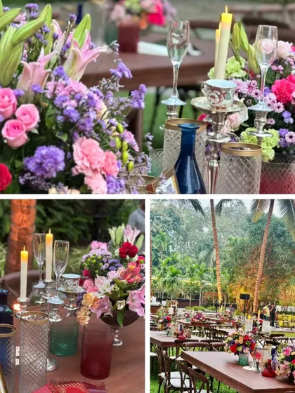 More detailed shots of the table decor, highlighting the mix of colorful flowers like lilies and roses, tall candles for ambiance, and elegant glassware, all contributing to a sophisticated rustic theme.