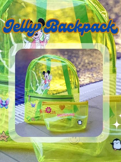 A neon yellow jelly backpack and pouch set, both personalized with names and patches. This matching set is a fantastic and practical gift for kids.