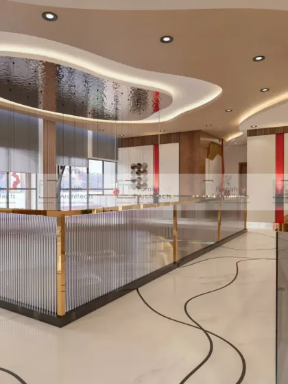 This commercial space features a unique ceiling with a reflective, water-like surface. Combined with fluted glass railings and warm wood tones, the design creates a sophisticated and dynamic atmosphere for events and gatherings.