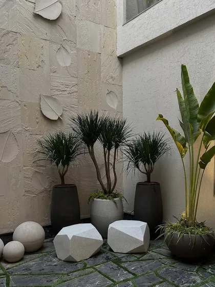 A minimalist courtyard in Faridabad. The design features a textured stone wall with leaf carvings, sculptural geometric seating, and carefully selected plants in modern pots, creating a serene and artistic corner.