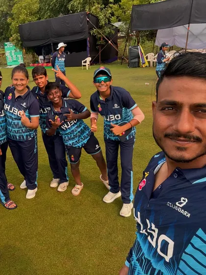 A group selfie with the U-19 team on the field. These are the future stars of Indian cricket.