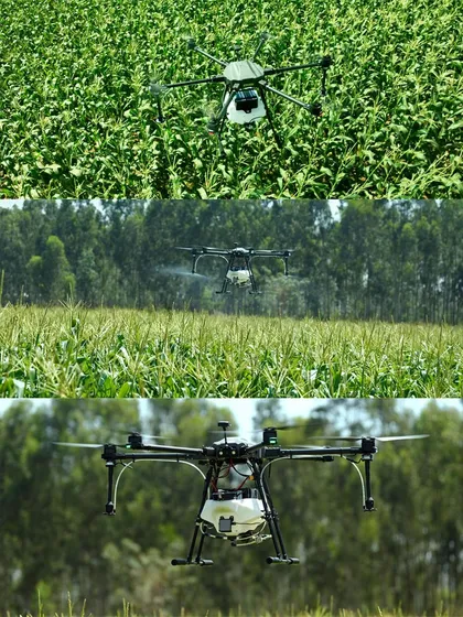Close-up shots of an agricultural drone in mid-flight, demonstrating its spraying capabilities over a cornfield. Our dynamic footage is ideal for product demos.