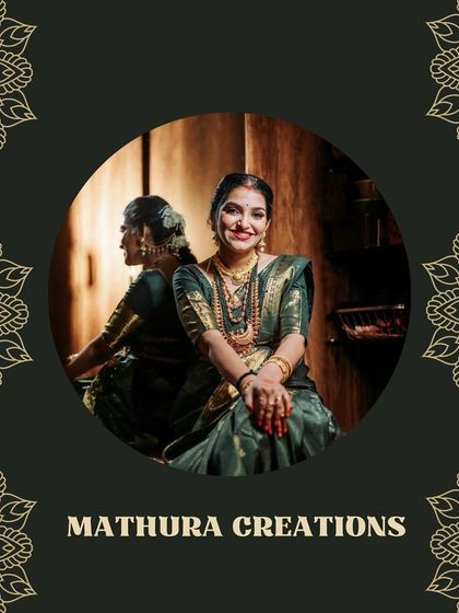 This graphic elegantly frames Rashmi's portrait, highlighting her as a true Mathura Creations muse.
