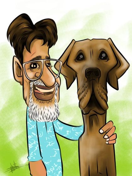 A man and his dog, a Great Dane. I enjoyed the challenge of drawing the dog's distinct features in a caricature style.