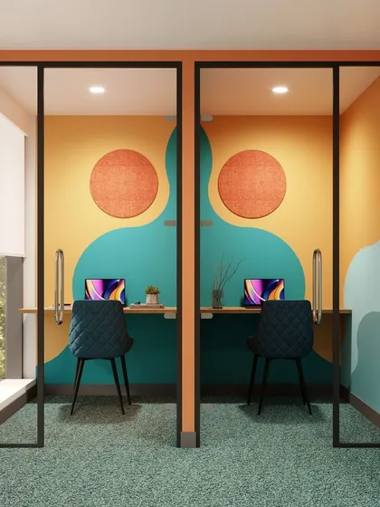 We create solutions for both group work and individual focus. These colorful, art-inspired acoustic pods offer a quiet, private space for concentration or one-on-one calls, blending seamlessly into the office aesthetic while providing essential functionality.