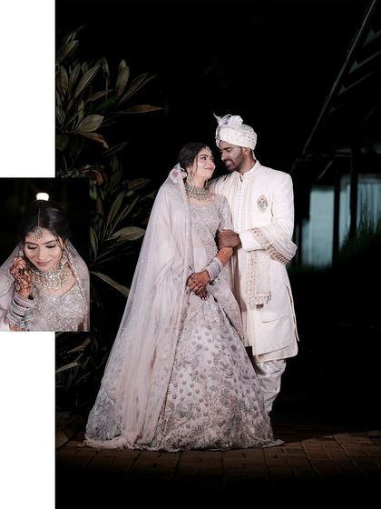 A beautiful night time portrait of a couple in their wedding or reception attire. The inset photo provides a closer look at the bride's stunning details.