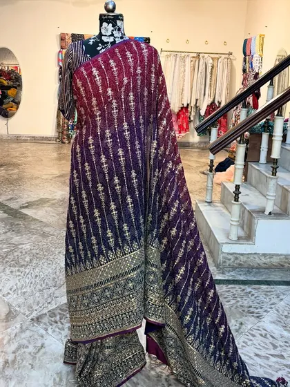 The full drape of the 'ROOP' saree. The way the colors blend into each other is what makes this piece so special and eye-catching.