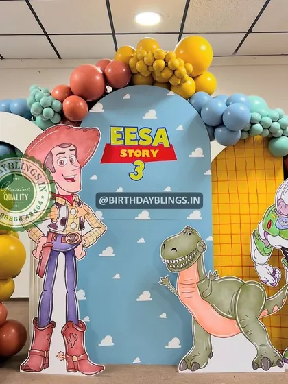 A close-up of a Toy Story third birthday, with Woody, Buzz, and Rex. The backdrop perfectly mimics the iconic wallpaper from the movies.