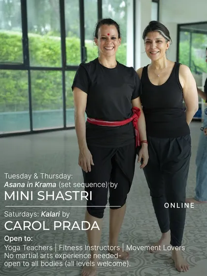 I am so pleased to collaborate with Carolina Prada from Kalarigram for these sessions. I lead the Asana portion to prepare the body, and she guides you through the authentic techniques of Kalari. Together, we offer a complete practice for all levels, available both online and in person.