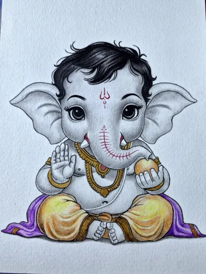 Here is my drawing of Bal Ganesha, capturing his innocent and gentle nature. I used pencil for the shading and added soft color to his dhoti and the ladoo in his hand, bringing a warm and playful feel to the sketch.