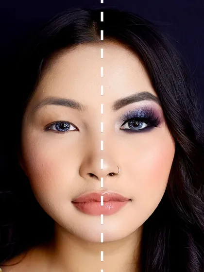 The power of makeup. A half-face transformation showing how the right technique can lift and define the eyes.