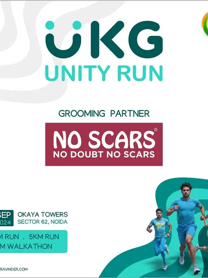 I partner with lifestyle brands to enhance the runner experience. This graphic announces No Scars as the Grooming Partner for the UKG Unity Run, promoting confidence on and off the track.