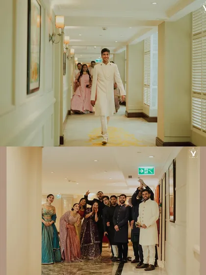 A fun collage of the groom's entrance with his lively entourage. These candid shots capture the energy and excitement of the baraat procession.