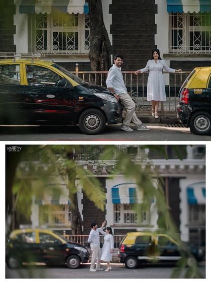 A playful moment with the iconic Kaali Peeli taxi. I love incorporating elements of the city that are instantly recognizable, making the photos uniquely Mumbai.