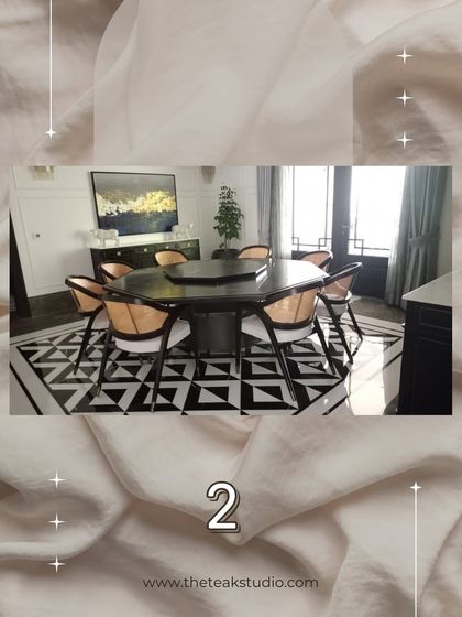 An eight-seater dining set with a unique octagonal tabletop and a central lazy Susan. The dark wood frame is paired with chairs that have woven rattan details, set against a bold geometric floor.
