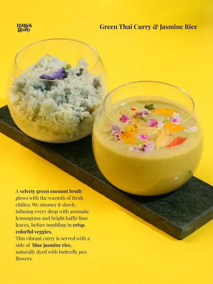 I believe food should be a feast for the eyes first. This is my Green Thai Curry, a velvety coconut broth infused with fresh chilies and lemongrass, served with stunning blue jasmine rice, naturally colored with butterfly pea flowers. It’s comfort and art in one bowl.