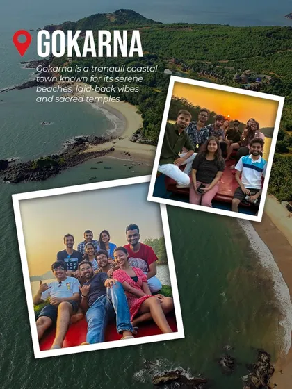 Another promotional graphic for our Gokarna trips, showing a group enjoying a boat ride at sunset.