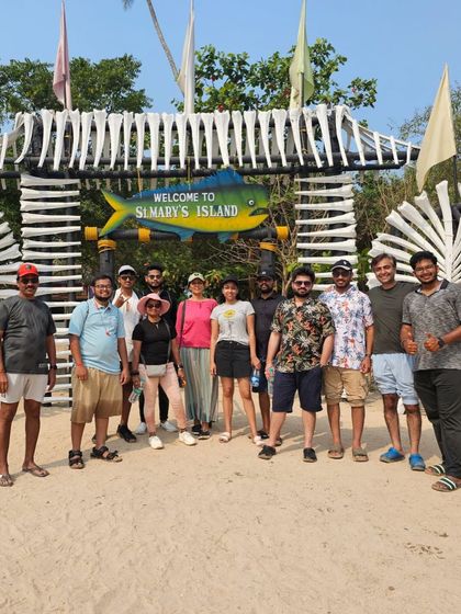 Welcome to St. Mary's Island! Our group at the entrance to this unique geological monument near Udupi, known for its basaltic rock formations.