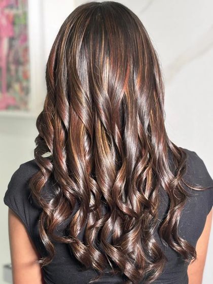 A close-up of the multi-tonal curls, showing the intricate color work.