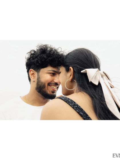 An intimate close-up that captures the genuine smile and connection between Sachin and Prema during their pre-wedding session.