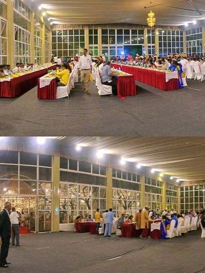 A panoramic view of the dining hall, showing both the guest seating area and the entrance. This illustrates the grand scale of the events I cater.