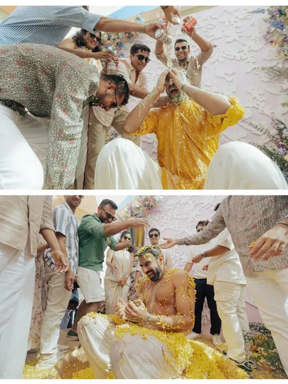 The groom's haldi in full swing! These photos capture the high-energy, fun-filled moments that make for unforgettable memories with friends.
