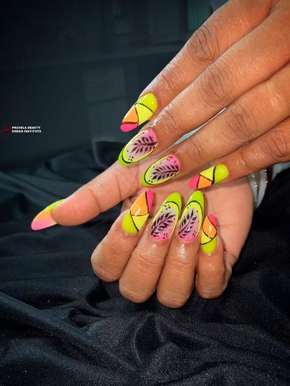 Dare to be different. This vibrant neon set features geometric patterns and a tropical leaf design, showcasing a bold and artistic style.