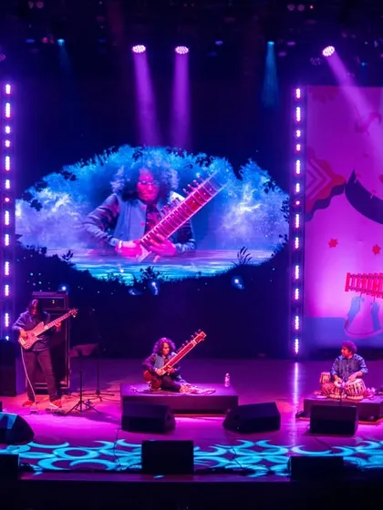 A full stage view of our performance at the Mahindra Percussion Festival. The lighting and visuals added another layer to our musical exploration.