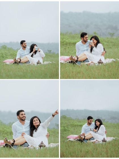 A four-panel grid of a picnic scene, showing the couple sharing drinks and pointing out things in the distance, capturing their easy interaction.