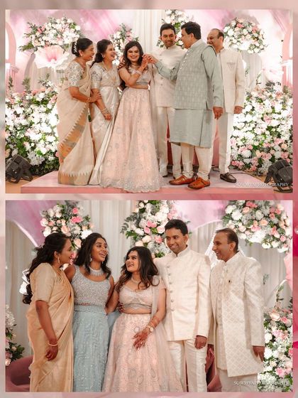 A collage of family portraits from a ring ceremony, capturing the joy and love of the combined families.