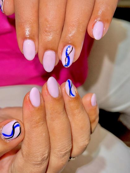Abstract liner art on a soft lavender base. This design uses fine black and blue lines to create a modern, graphic look.
