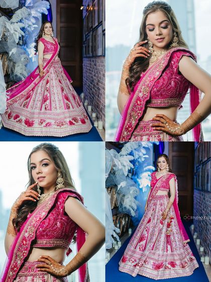 A collage of the bride in her stunning pink lehenga, showcasing her beautiful outfit and radiant look from different angles during her Bangkok wedding.