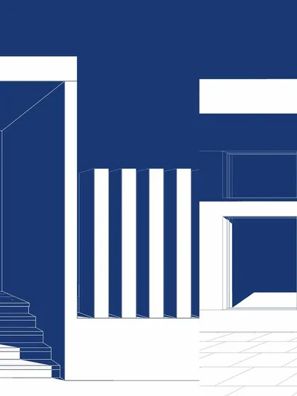A composite of several blueprint-style illustrations from the Blue Sea project, showing different architectural moments.