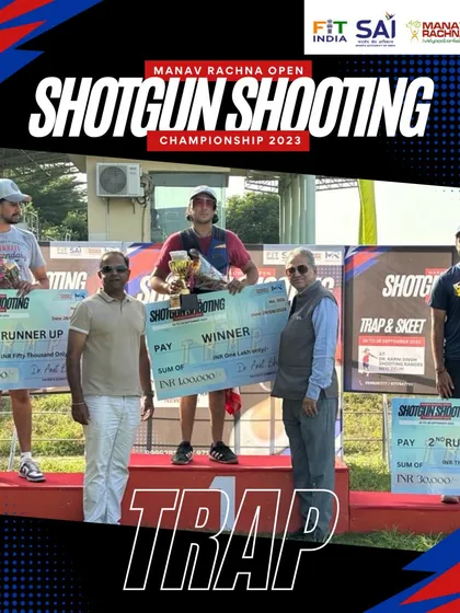 The podium for the Trap event at our Open Shotgun Shooting Championship, with the winner receiving a grand prize of INR 1,00,000.