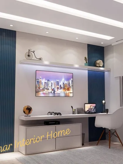 Another angle of the integrated TV and study unit, highlighting its sleek and space-saving design.